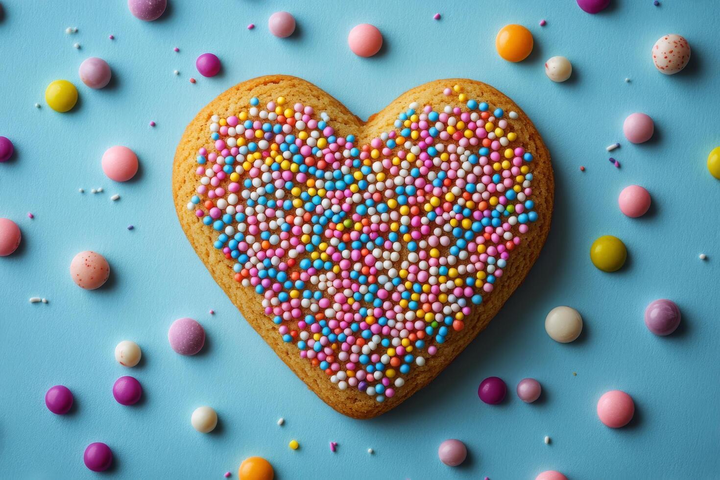 A heart shaped cookie surrounded by colorful sprinkles photo