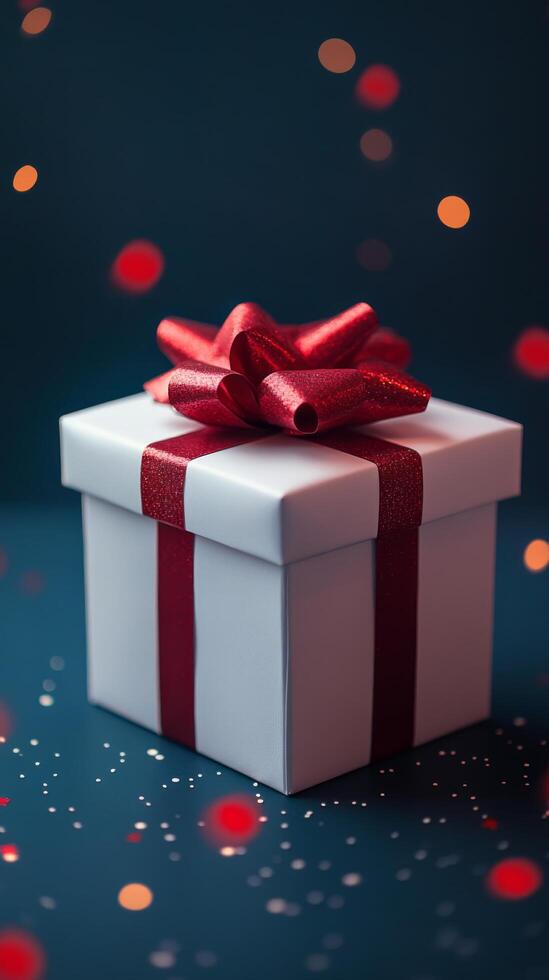 Gift box with red ribbon and christmas lights on blue background photo