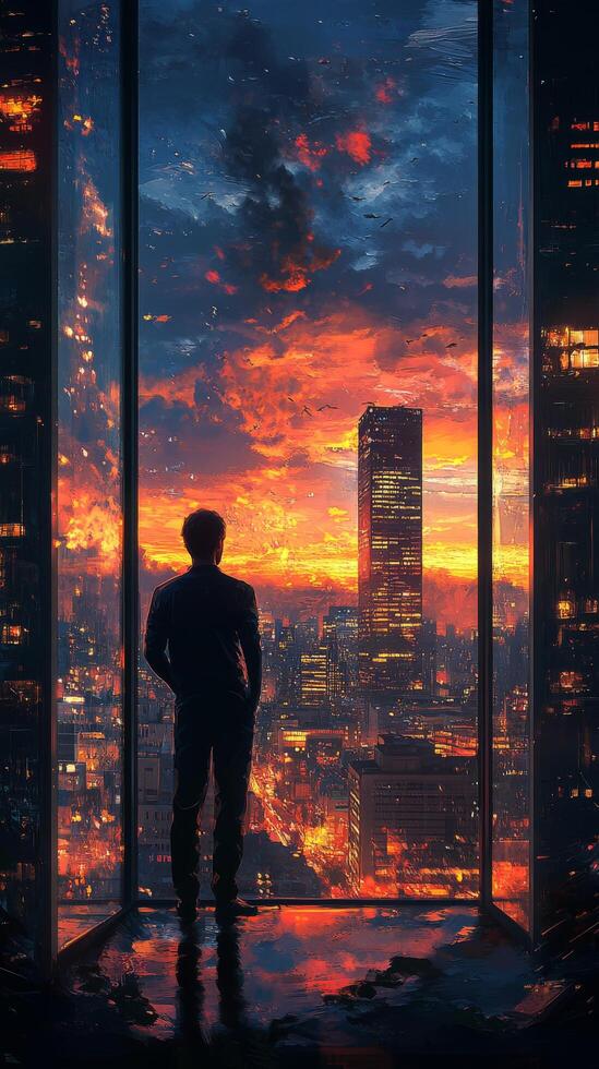 A man standing in front of a window looking out at the city photo