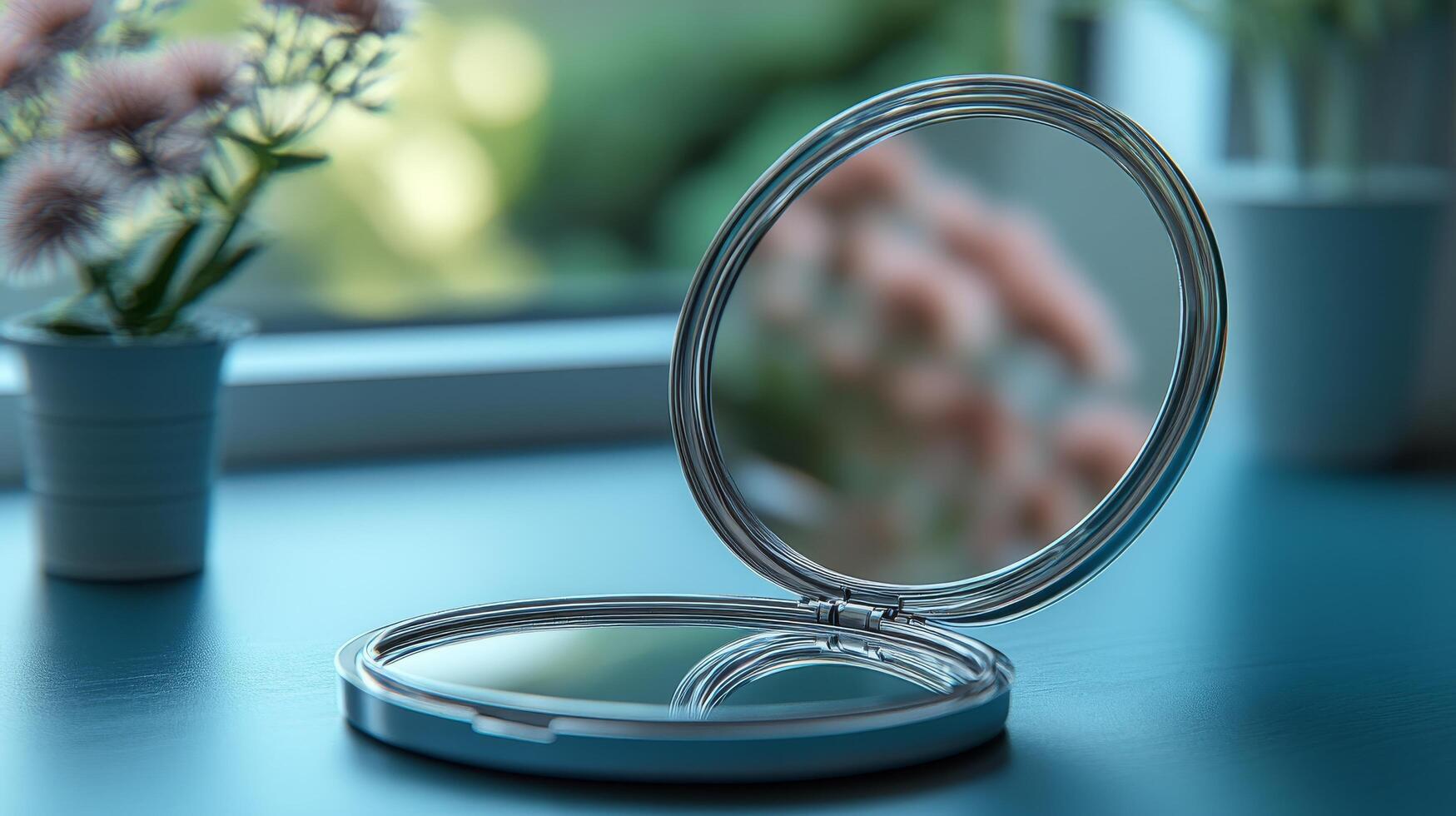 A compact mirror on a table with a vase of flowers photo