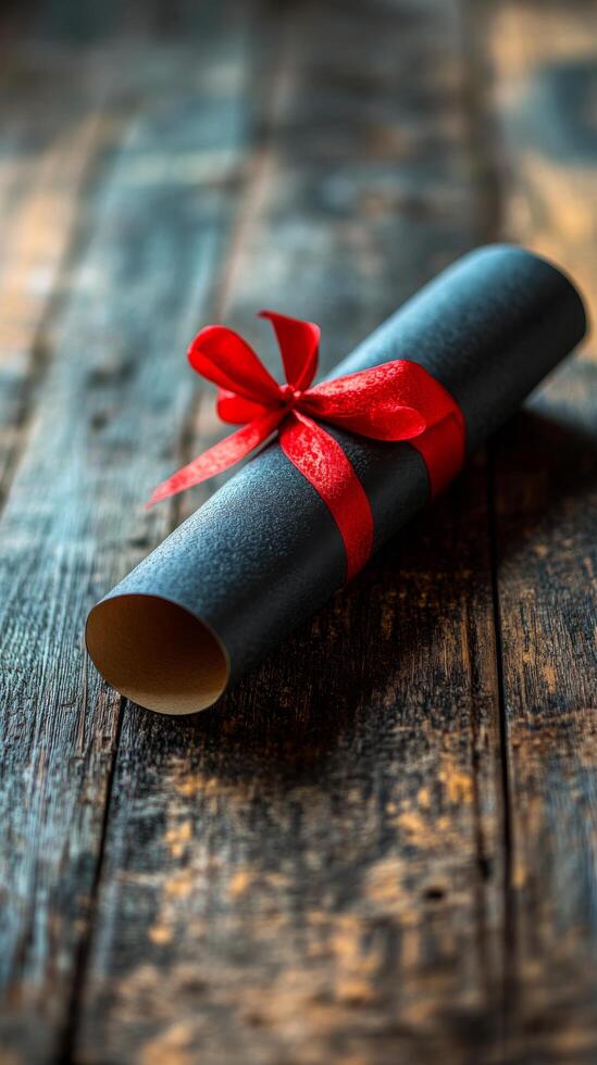 A black scroll with a red ribbon tied around it photo