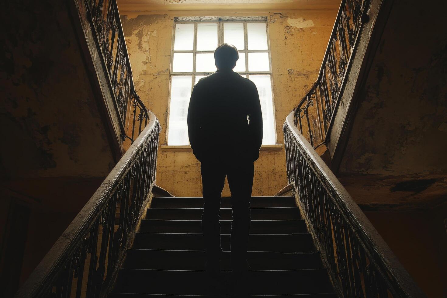 A man standing on the stairs of an old building photo