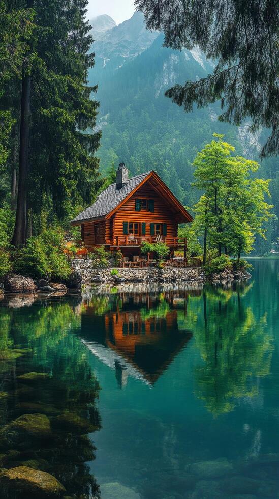 A cabin sits on the edge of a lake surrounded by trees photo