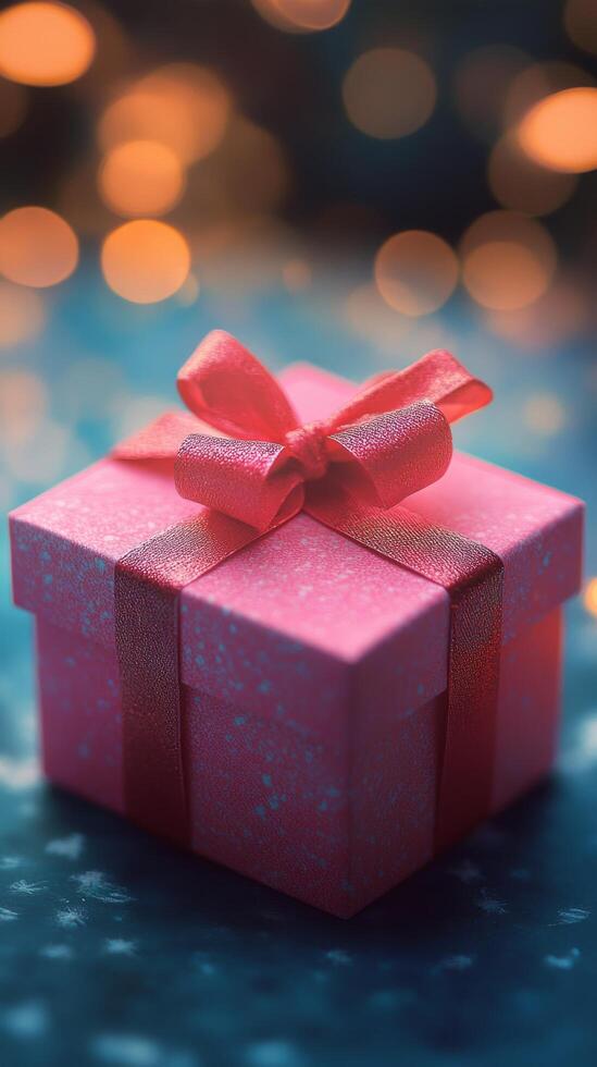 A pink gift box with a red ribbon on a blue background photo