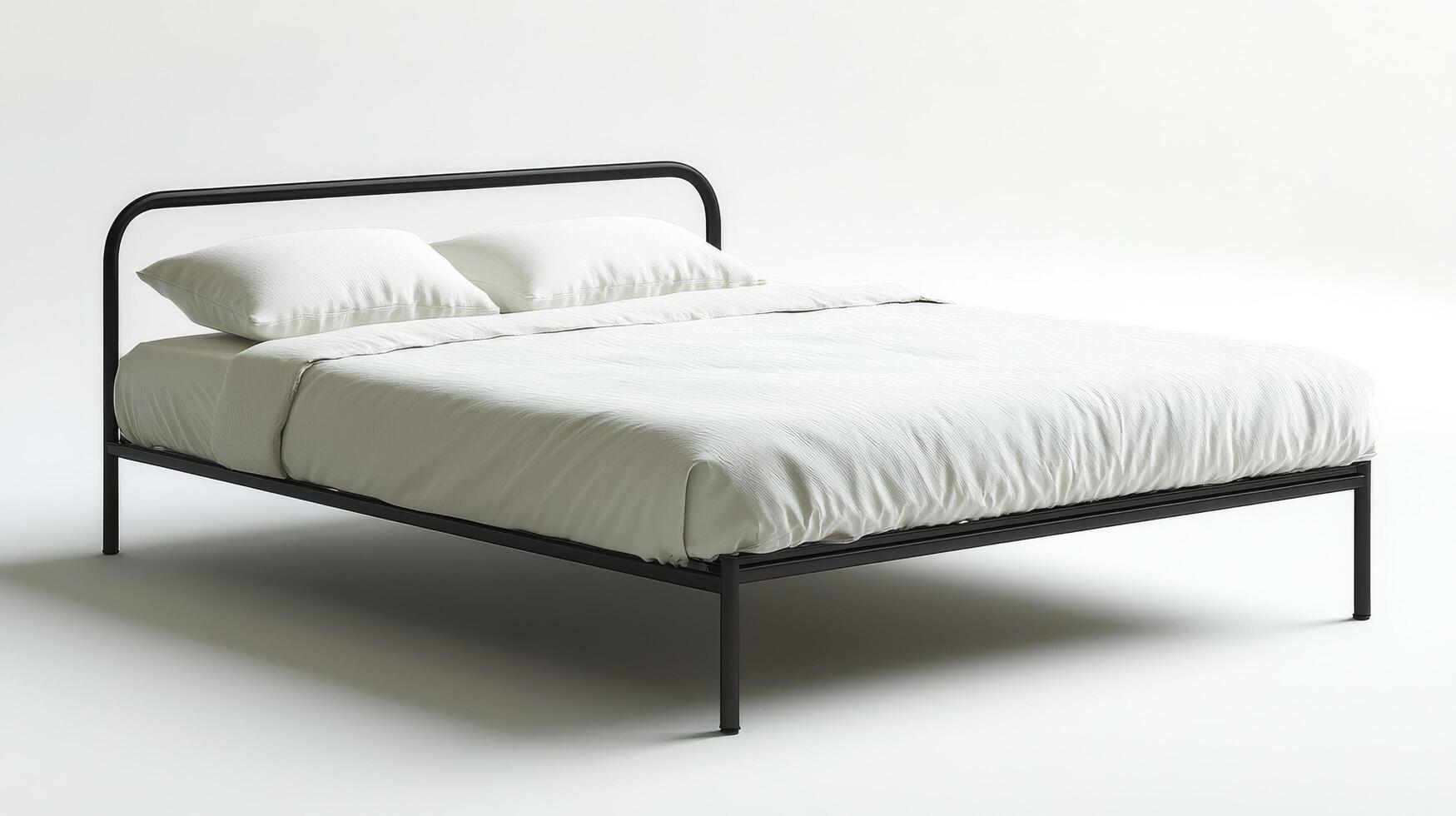 A bed frame with a white cover and black metal frame photo
