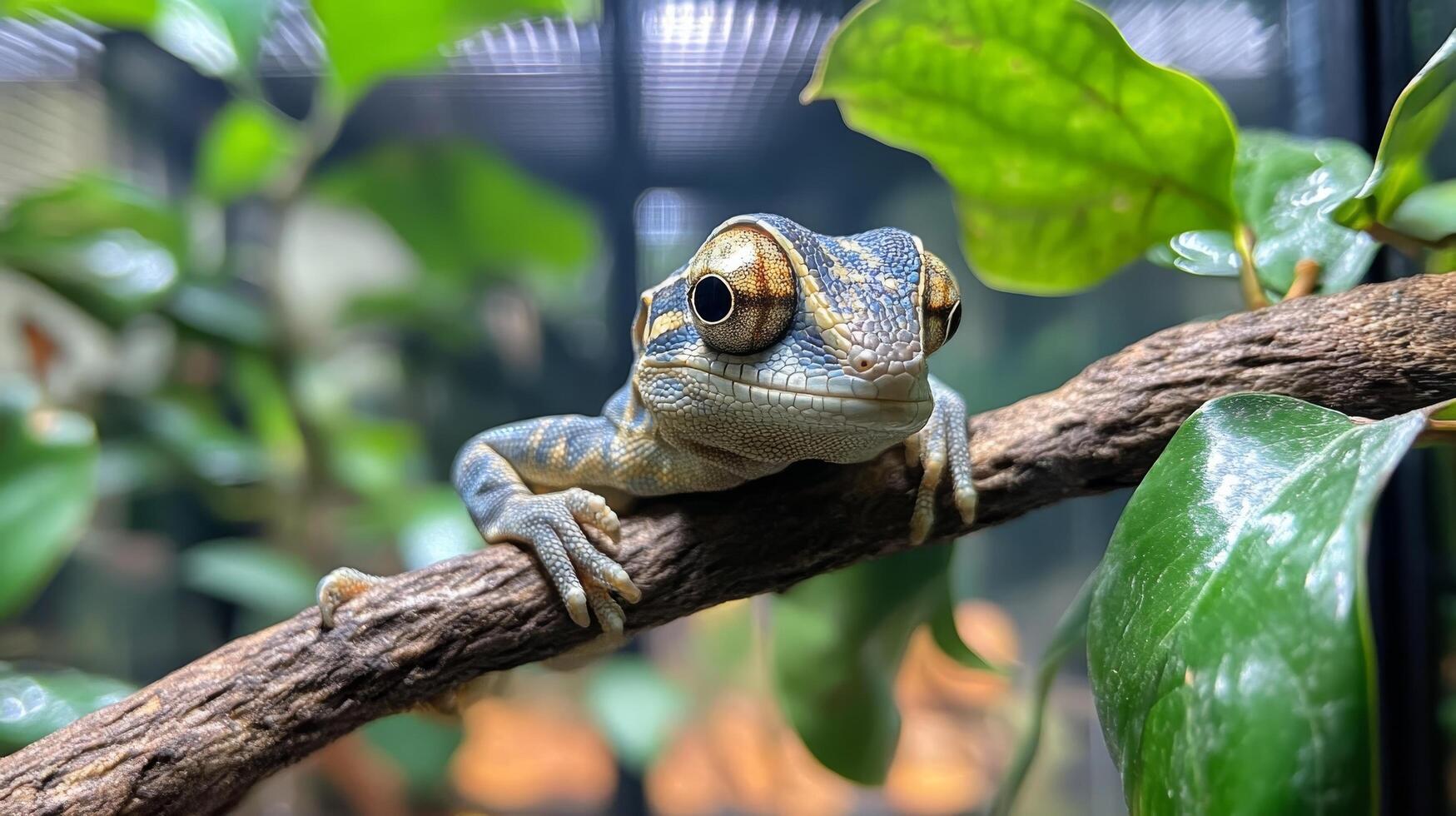 A lizard is sitting on a branch in an enclosure photo
