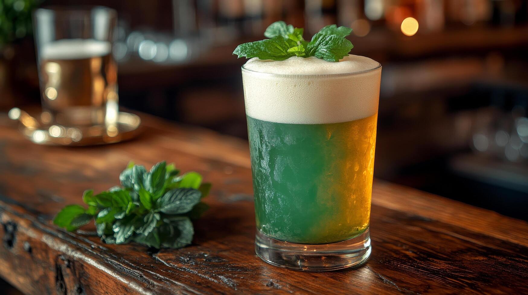 A beer with mint leaves on top of a wooden table photo