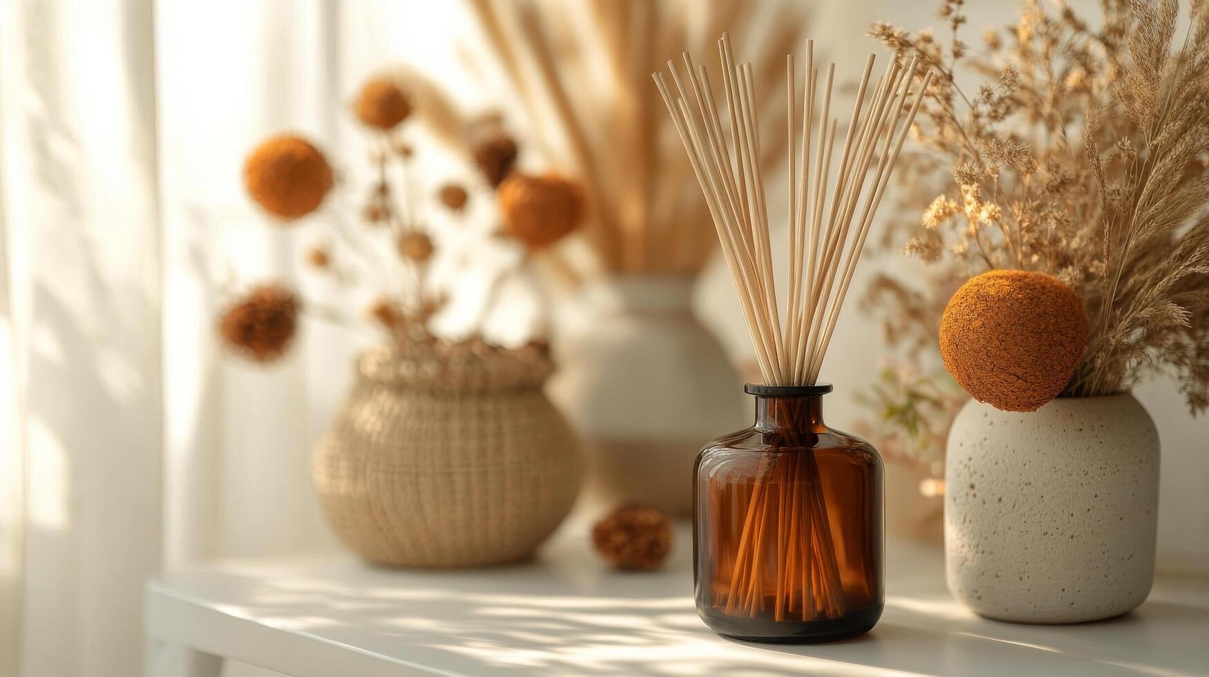 A table with some vases and some dried flowers photo