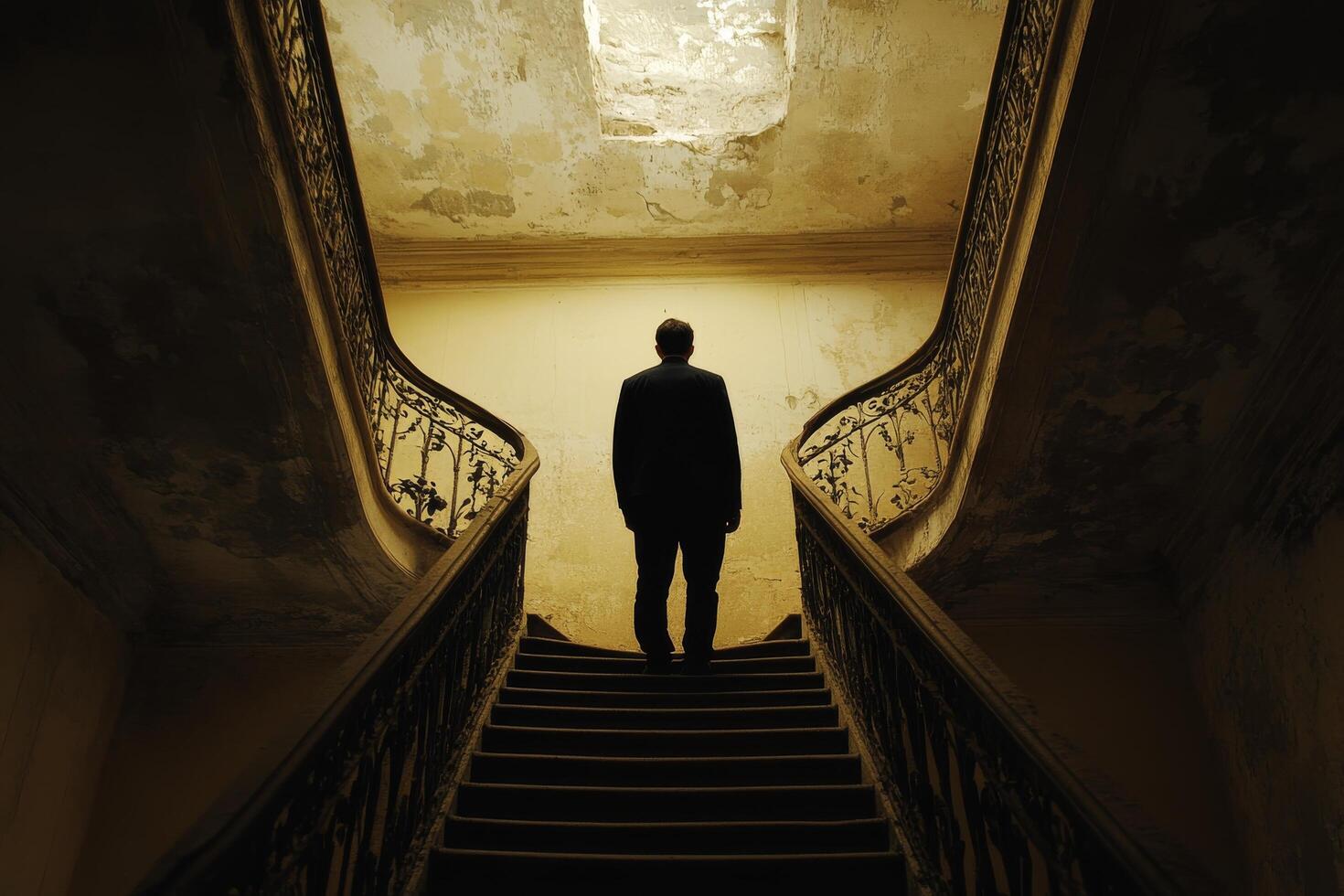 A man standing on the stairs of an old building photo