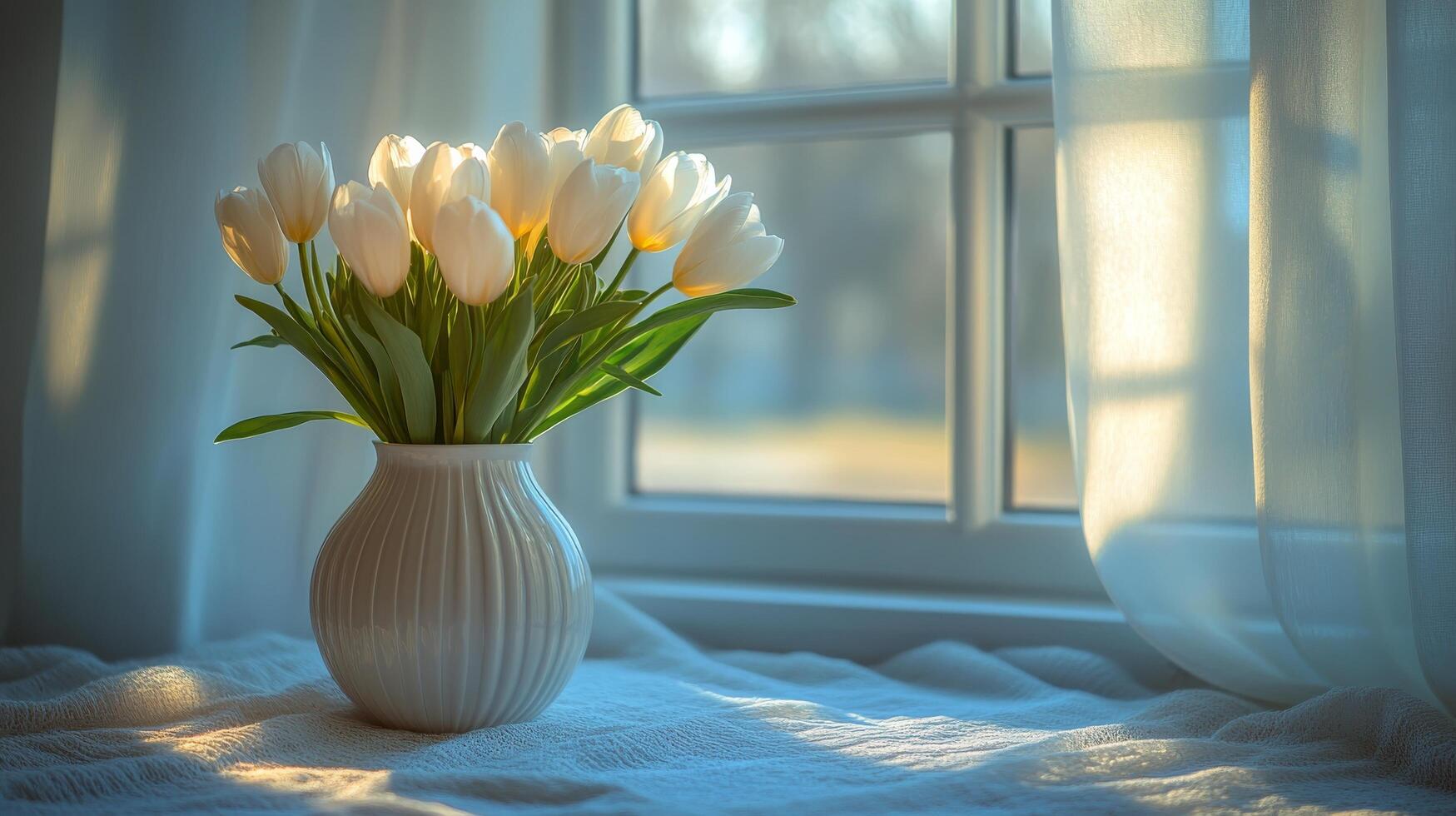 A vase of white tulips sitting on a table near a window photo