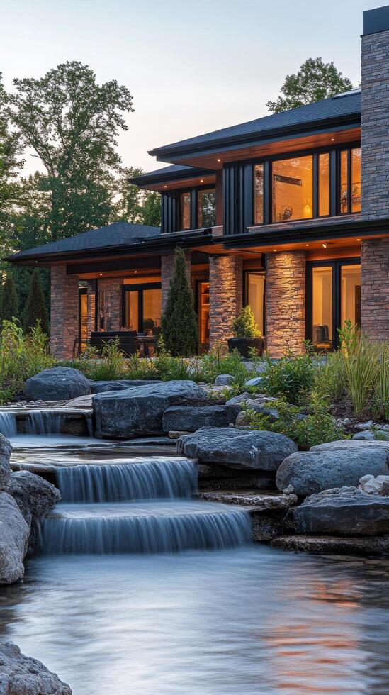 A modern home with a waterfall and rocks photo