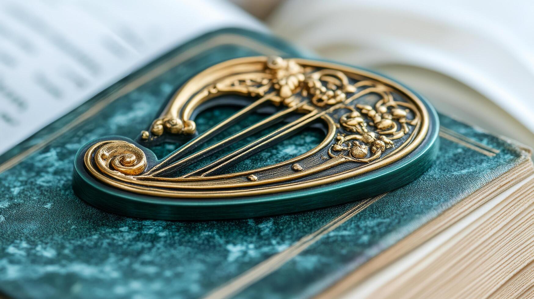 A green and gold harp is sitting on top of an open book photo