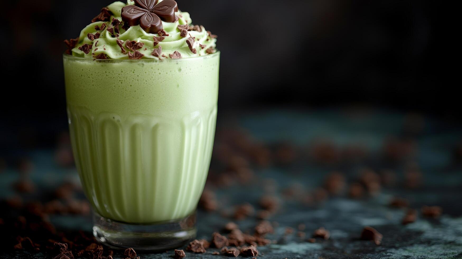 A green smoothie with chocolate chips on top photo