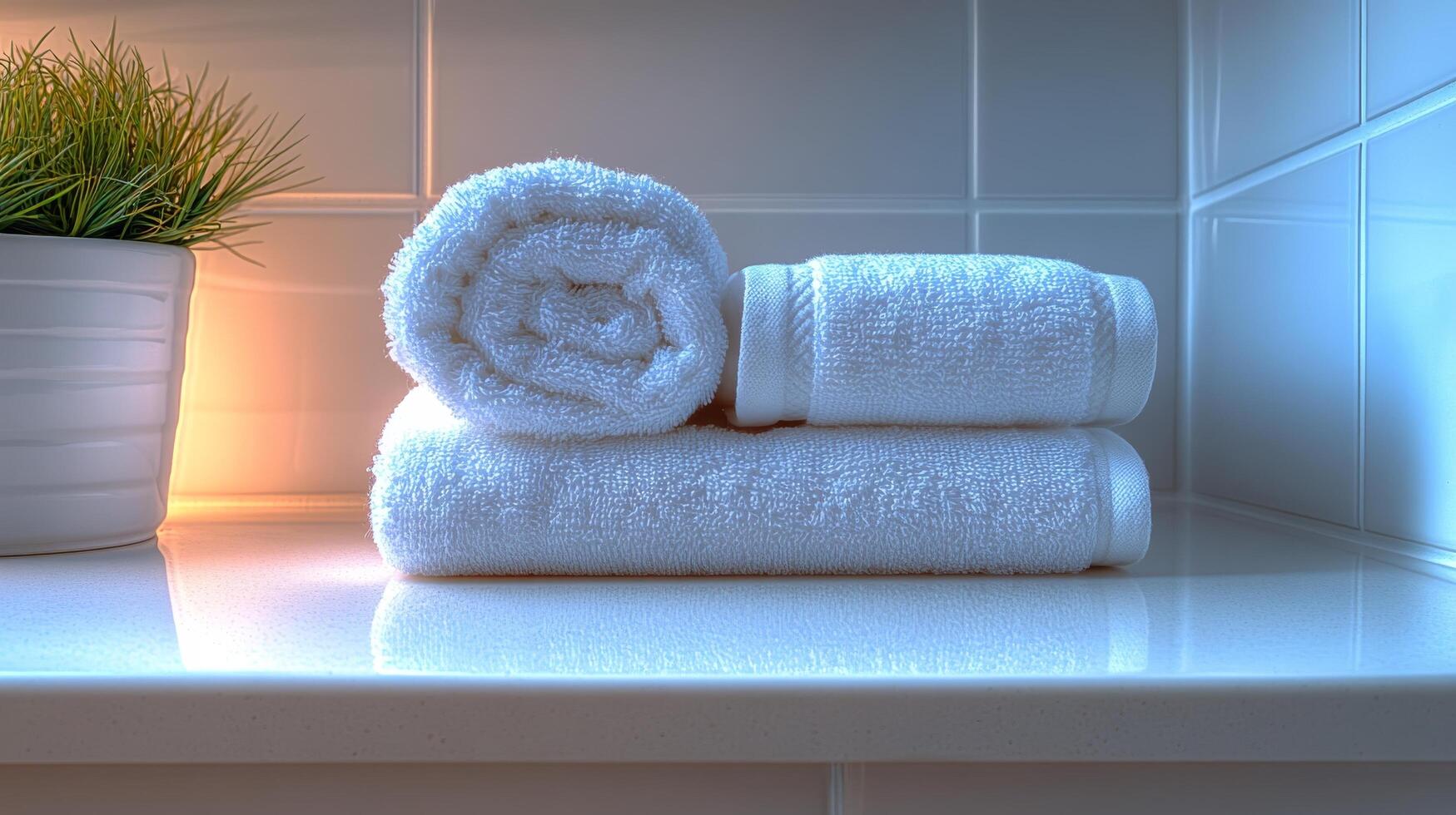 A stack of towels on a shelf next to a plant photo
