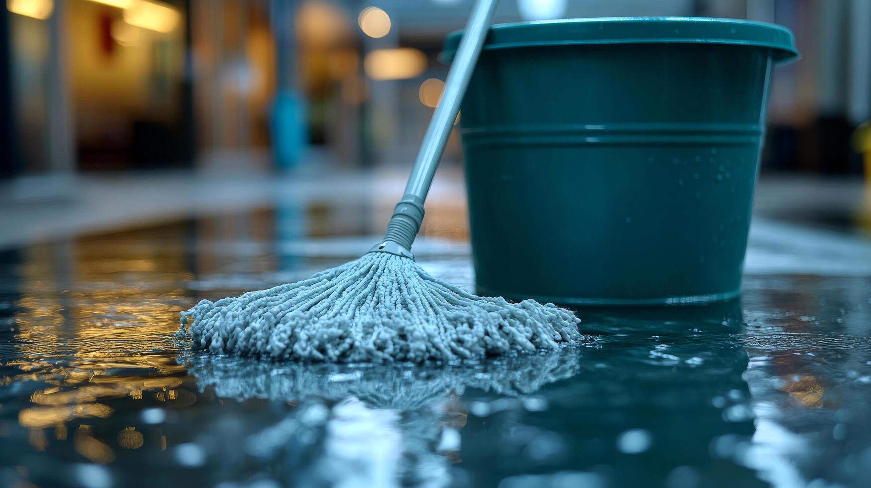 A bucket and mop on a wet floor photo