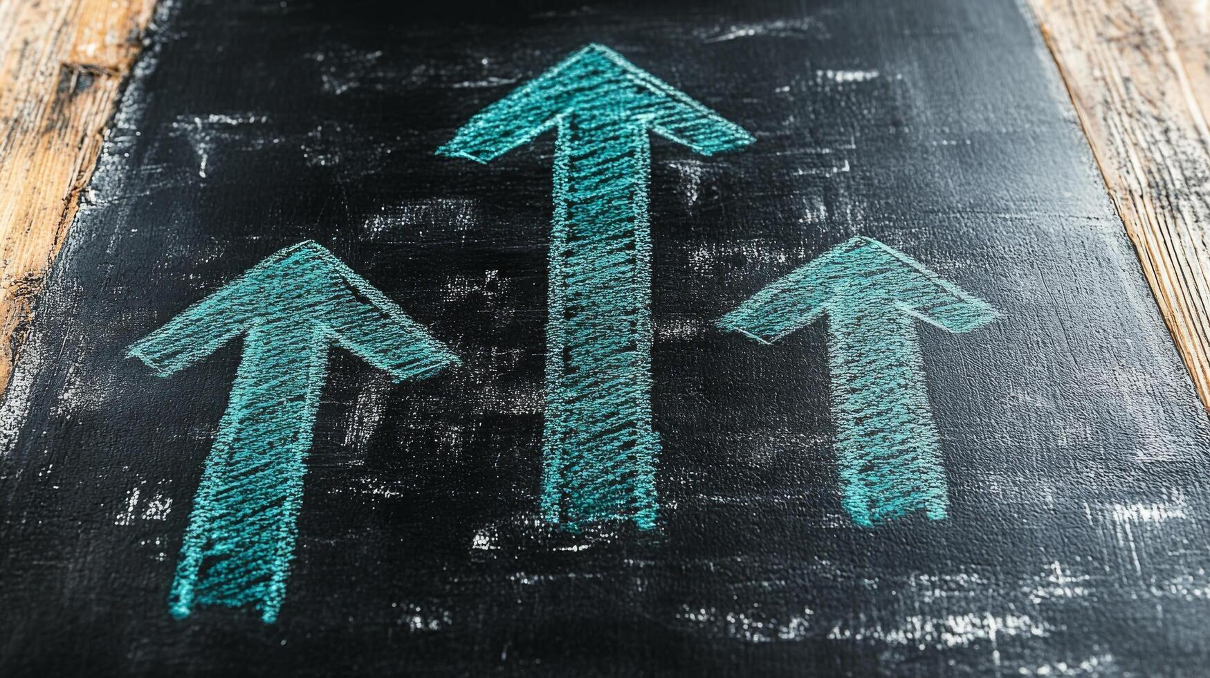 Chalkboard with arrows pointing upward on a wooden table photo