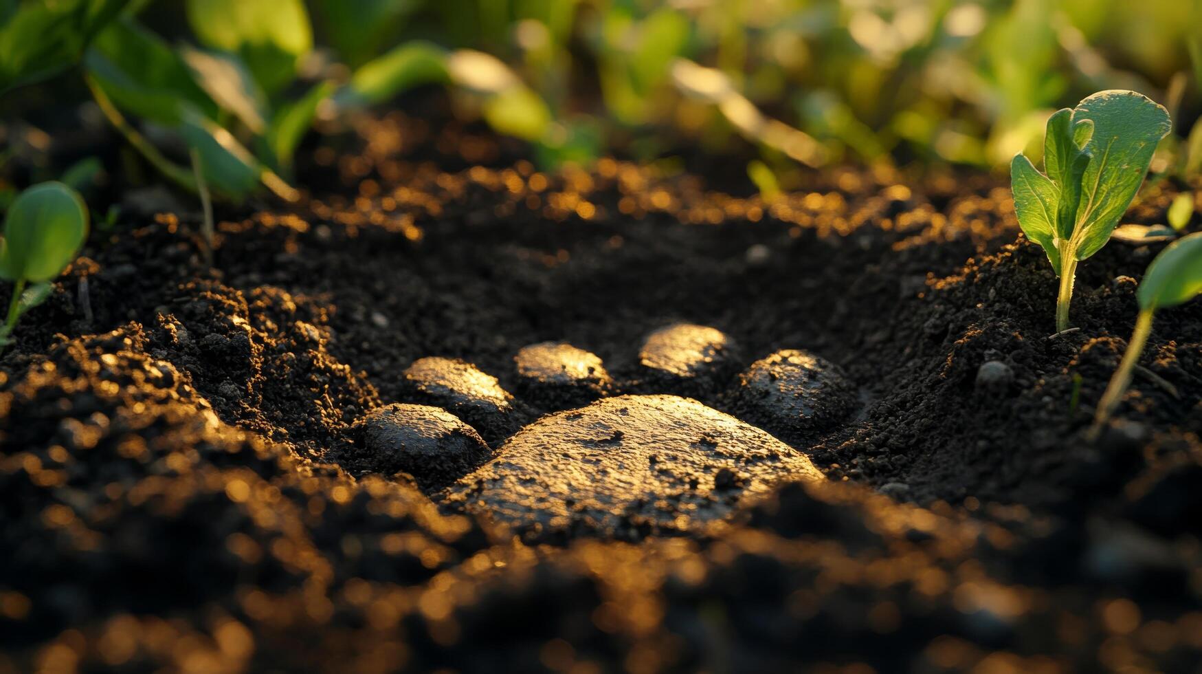 A dog's paw is in the dirt with a plant photo