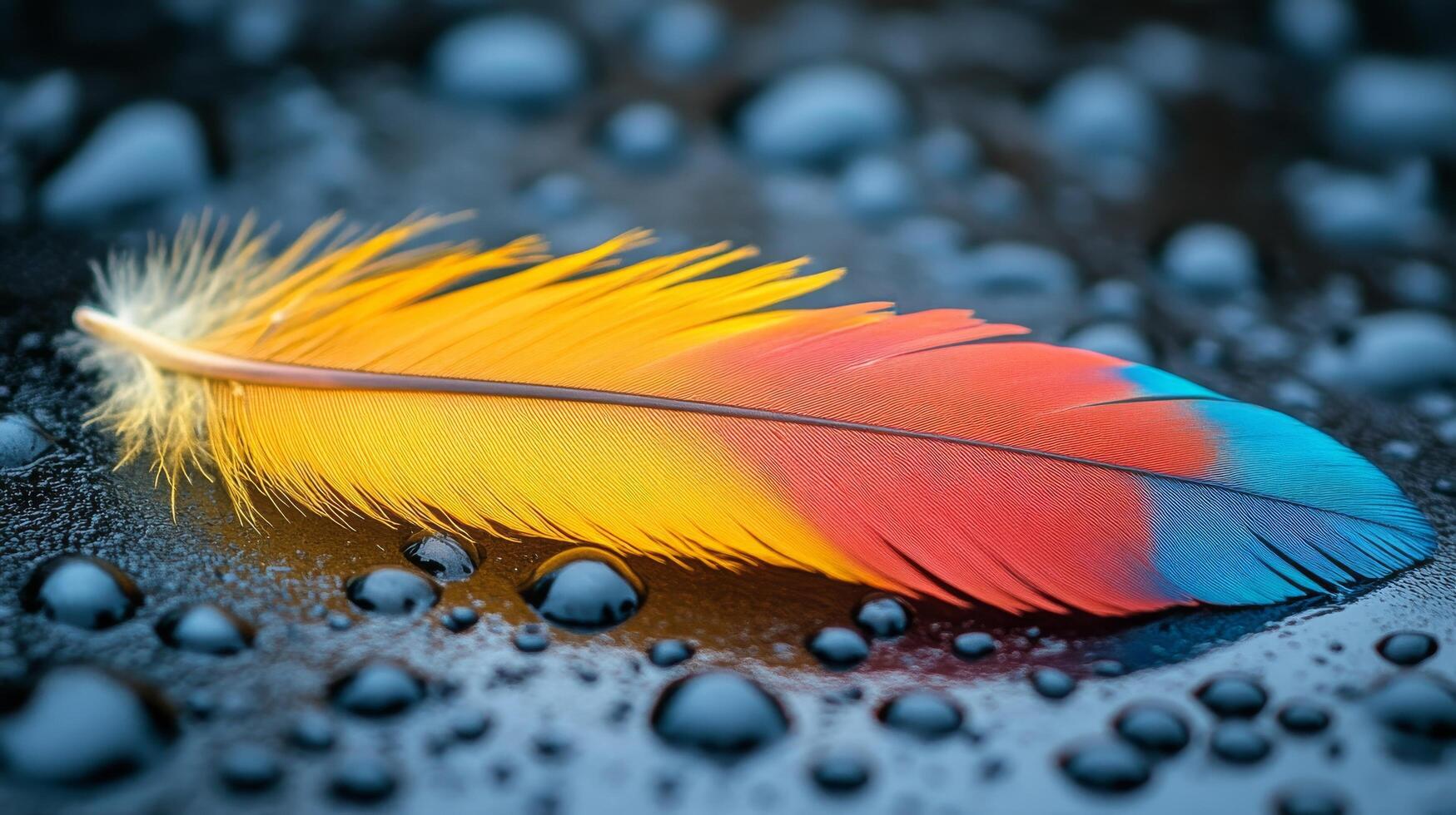 A colorful feather laying on the ground with water droplets photo