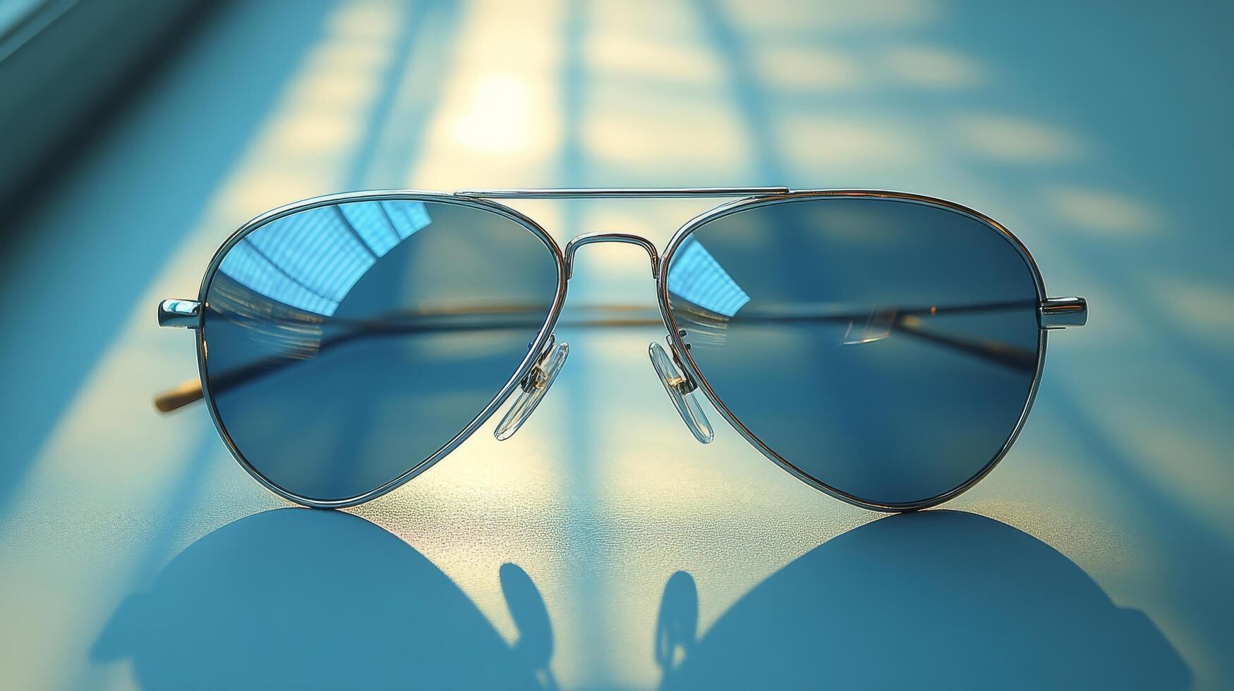 Sunglasses on a table with the sun shining through them photo