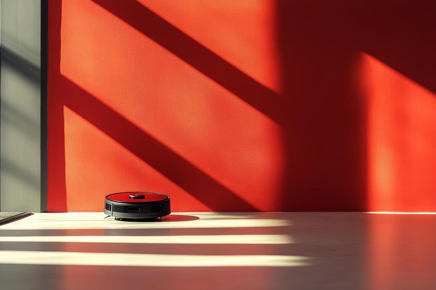 A robot is sitting on the floor in front of a red wall photo