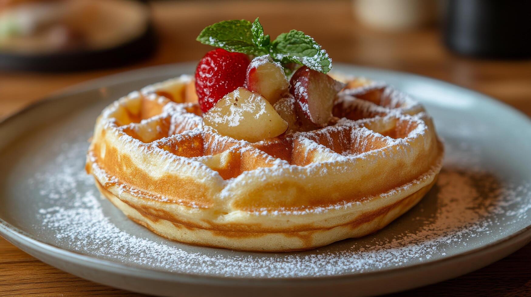 A waffle with fruit and powdered sugar on top photo