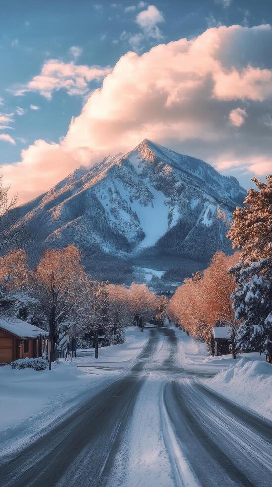 A snowy road in front of a mountain photo