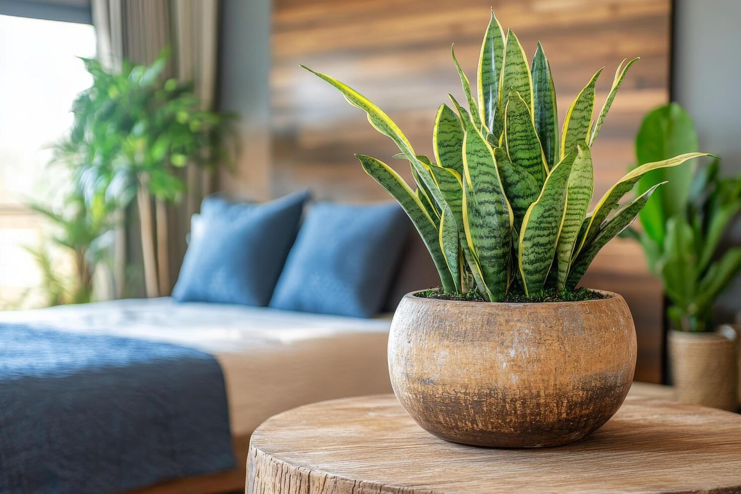 A snake plant sits on a wooden table in front of a bed photo