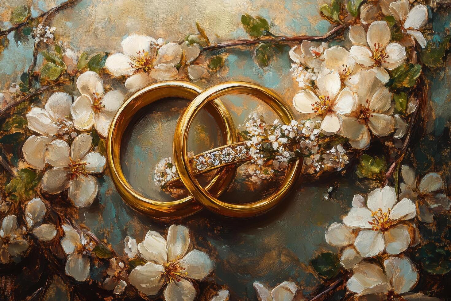 Two wedding rings are surrounded by flowers photo