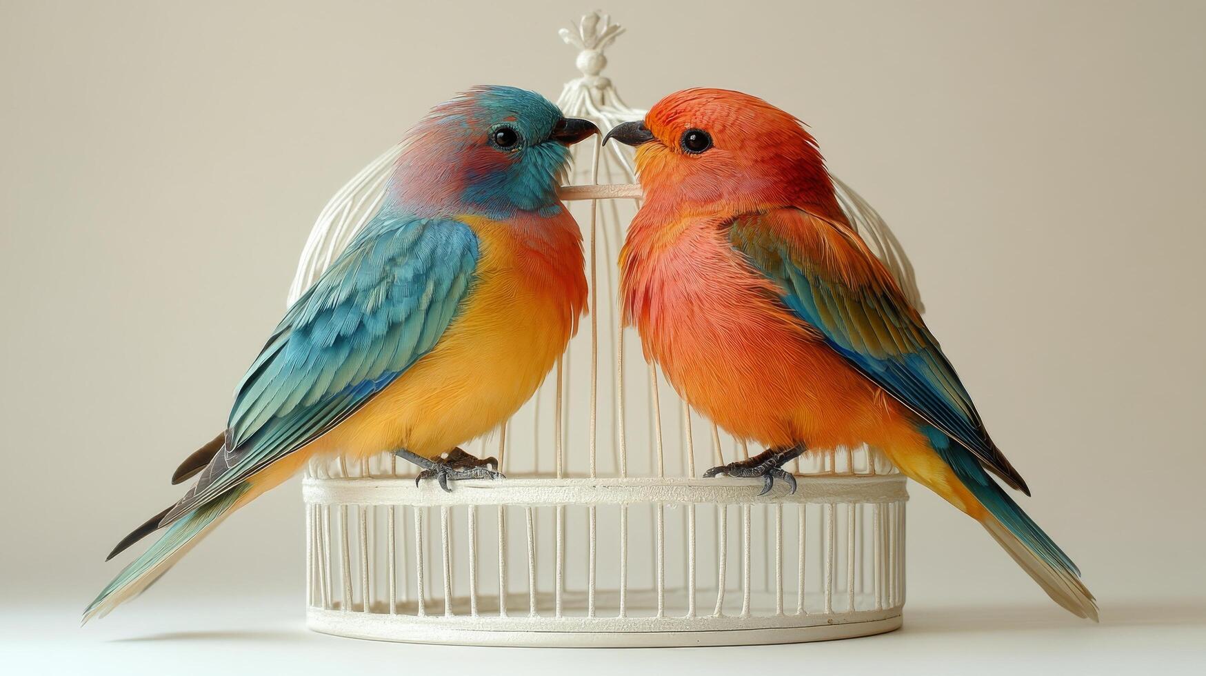 Two colorful birds are standing in a cage photo