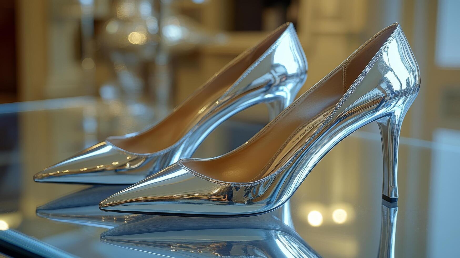 Sleek silver high heels showcased in a modern boutique interior setting with stylish decor photo