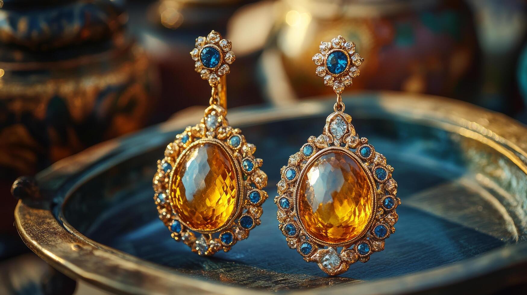 Elegant dangling earrings with pink and blue gemstones surrounded by roses photo