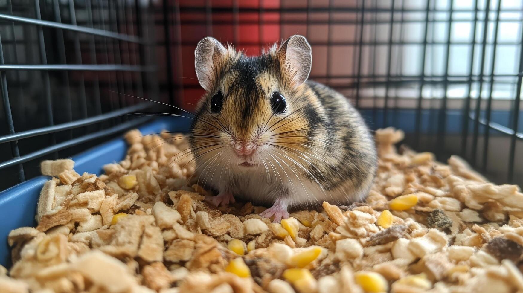 A hamster in a cage with corn and other food photo