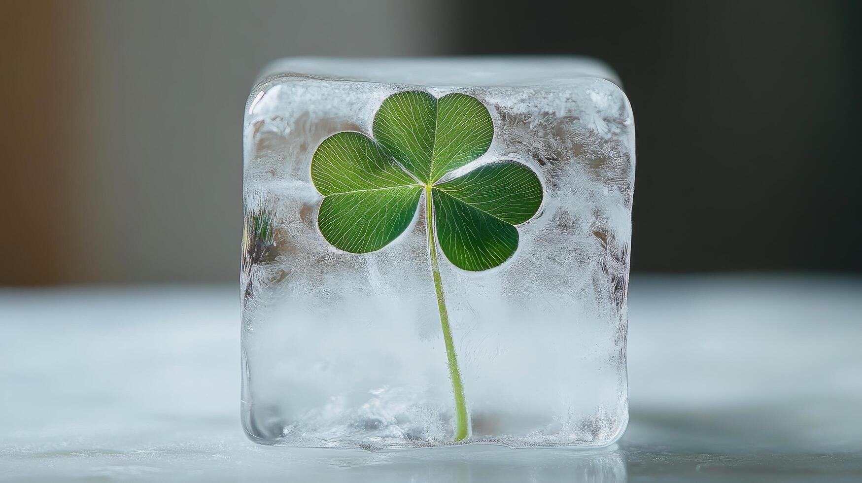 A four leaf clover is sitting on top of an ice cube photo
