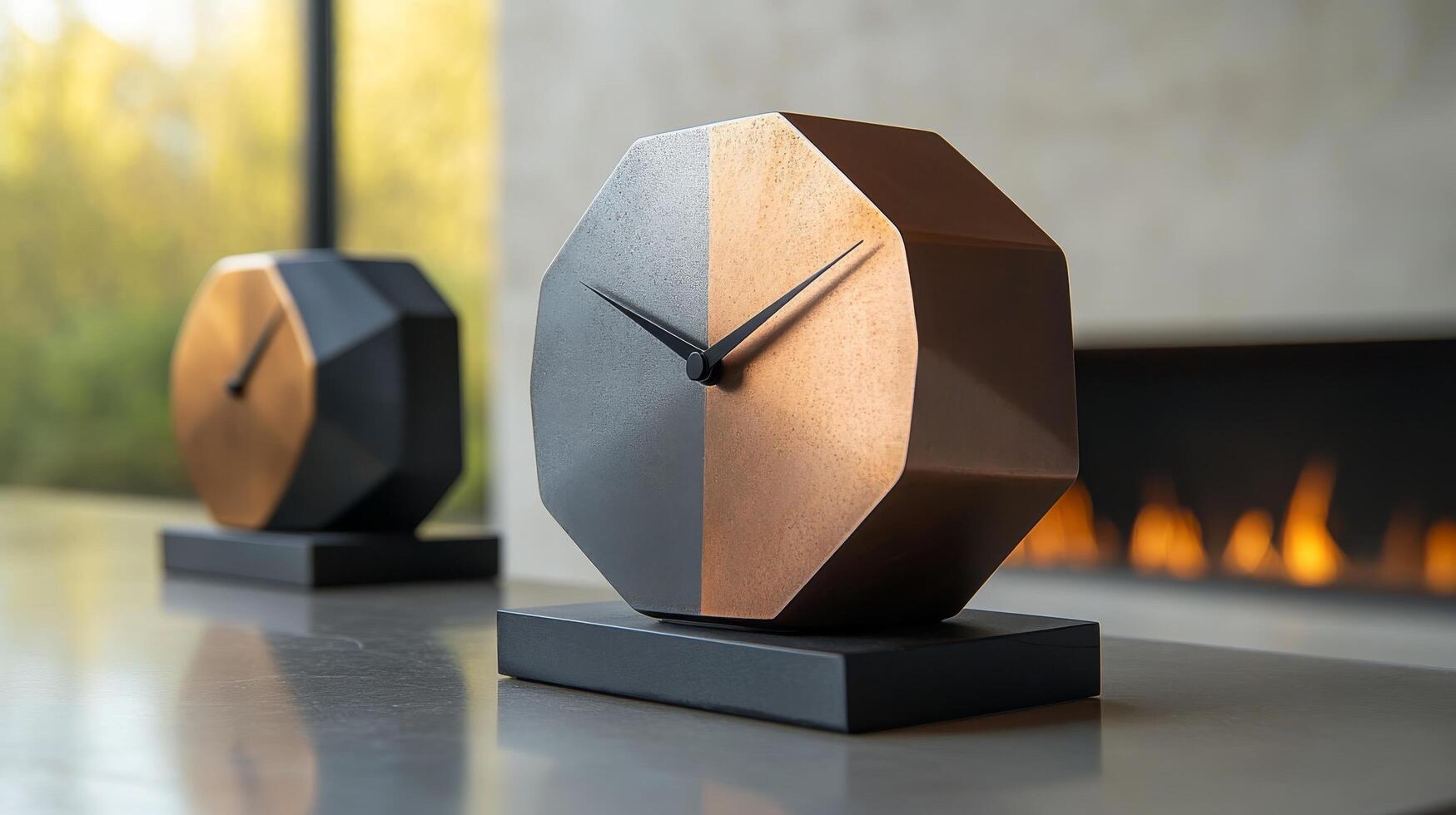 Two clocks sitting on a table in front of a fireplace photo