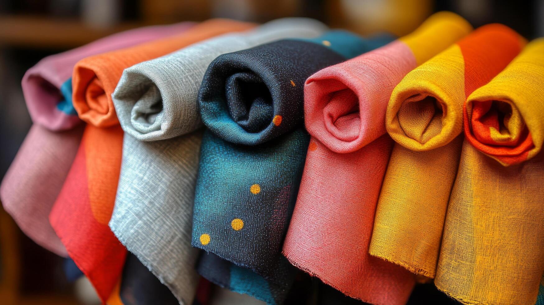 A row of colorful scarves hanging on a rack photo