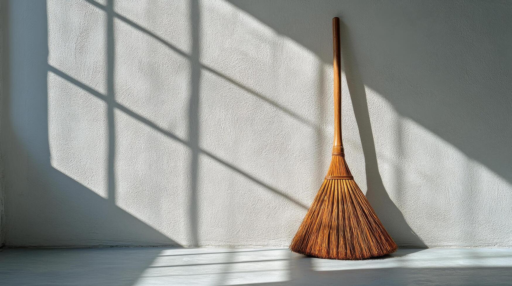 A broom leaning against a wall photo