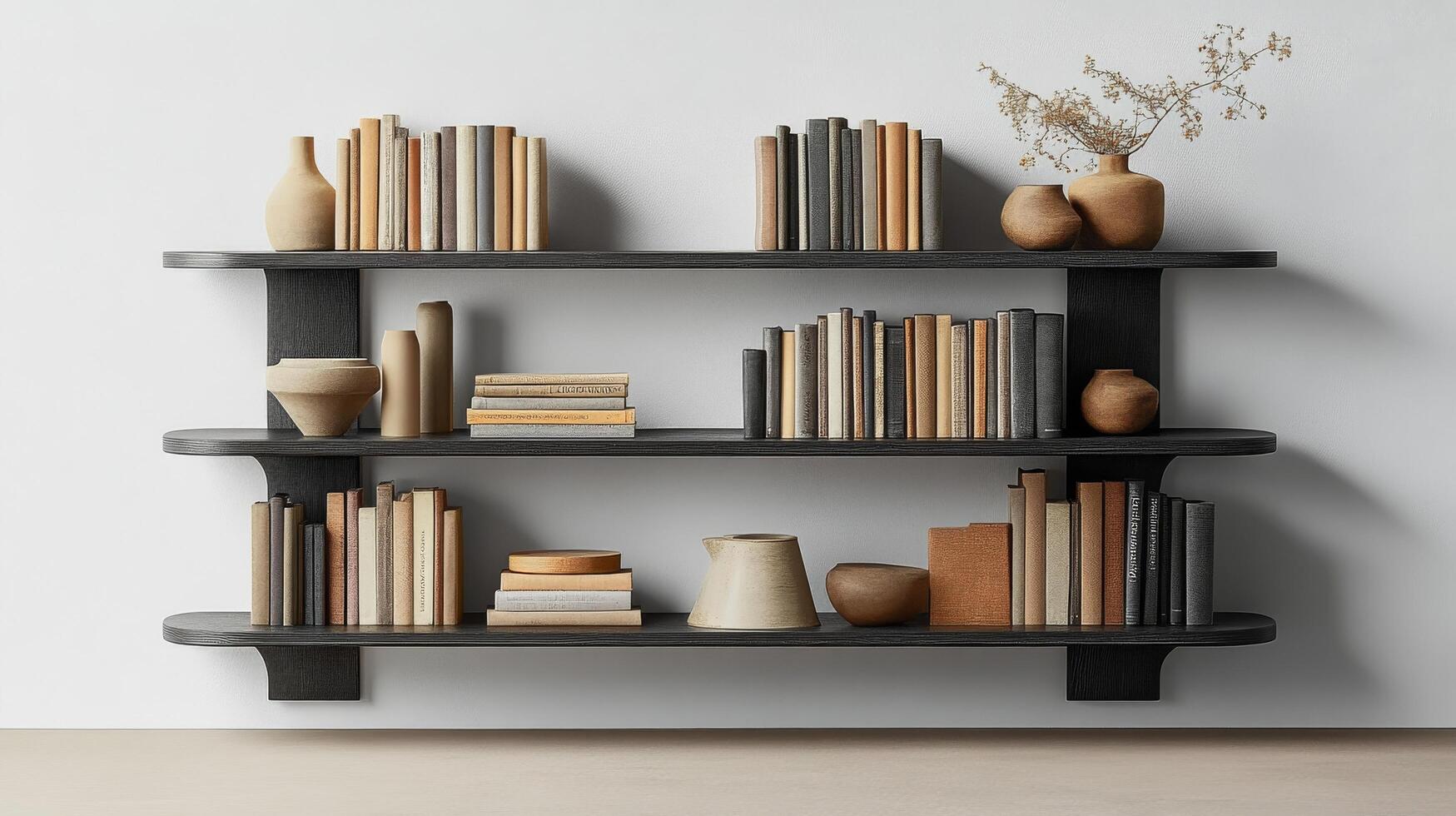A shelf with books and vases on it photo