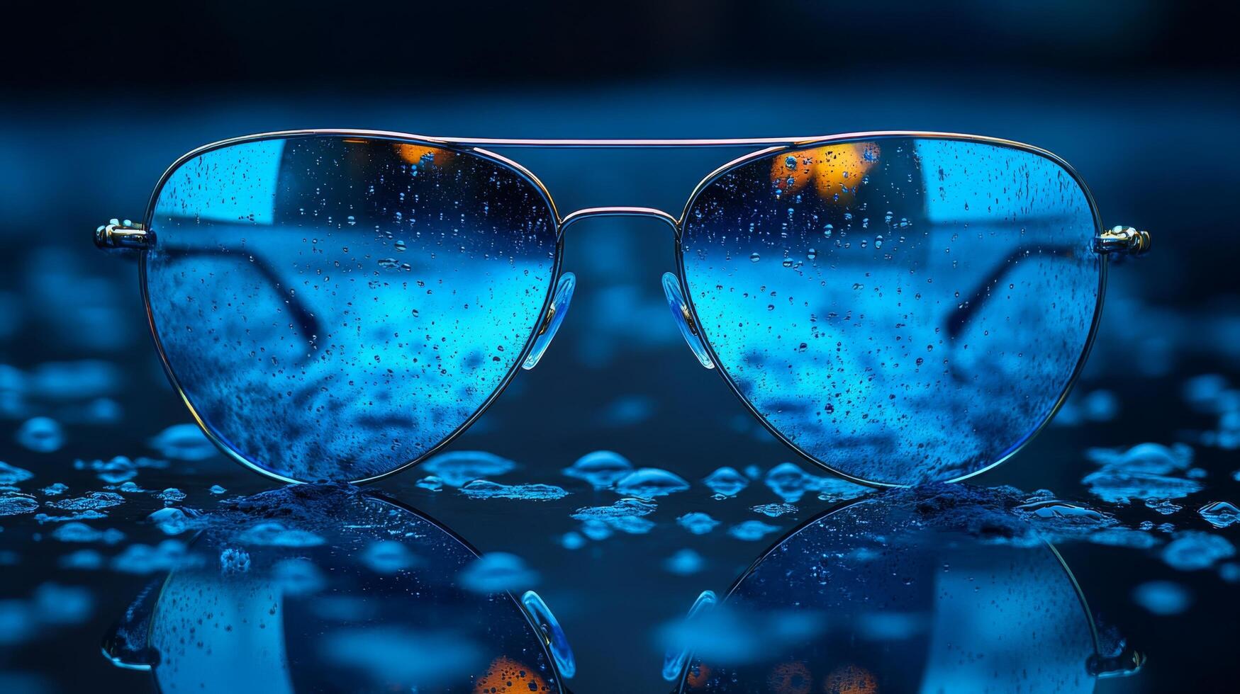 Blue sunglasses on a rainy night photo