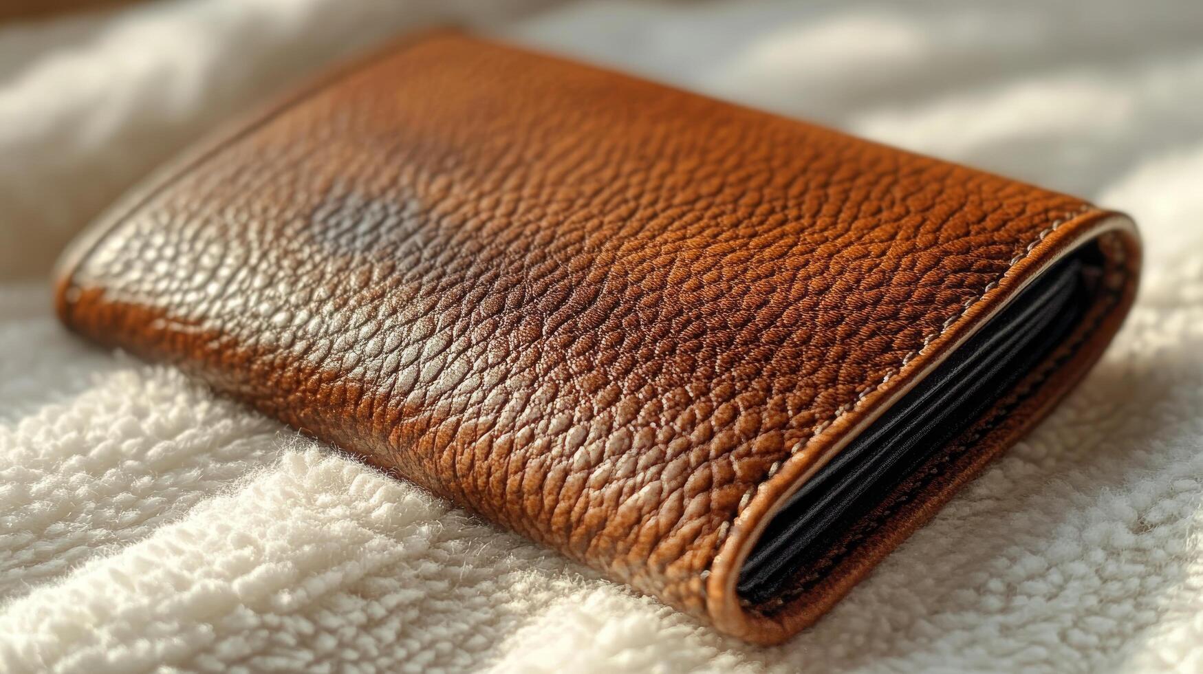 A brown leather wallet laying on a blanket photo