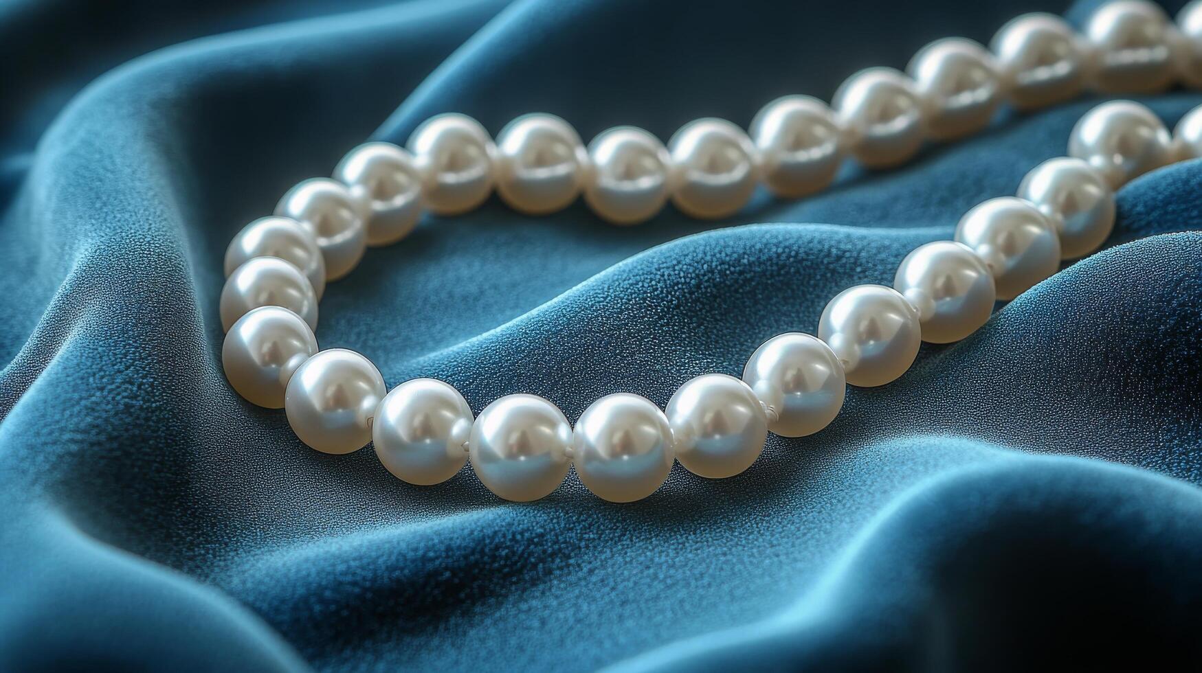 A pearl necklace on a blue cloth photo