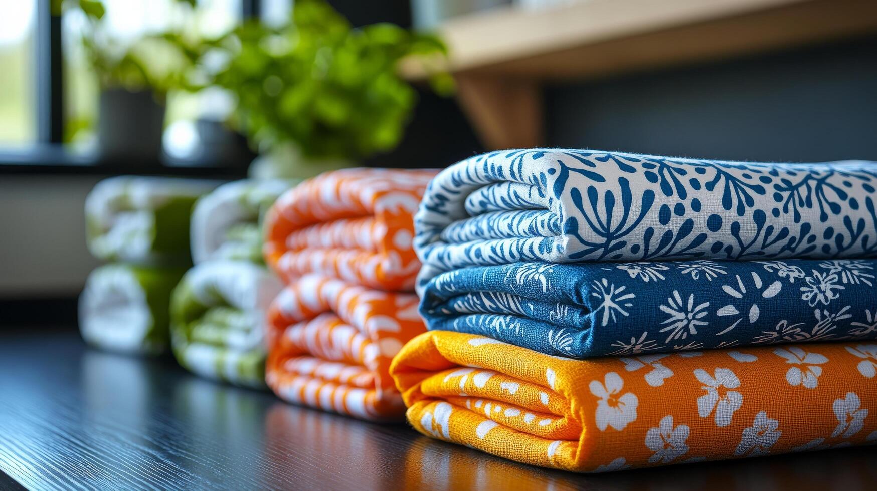 A stack of folded towels on a table photo