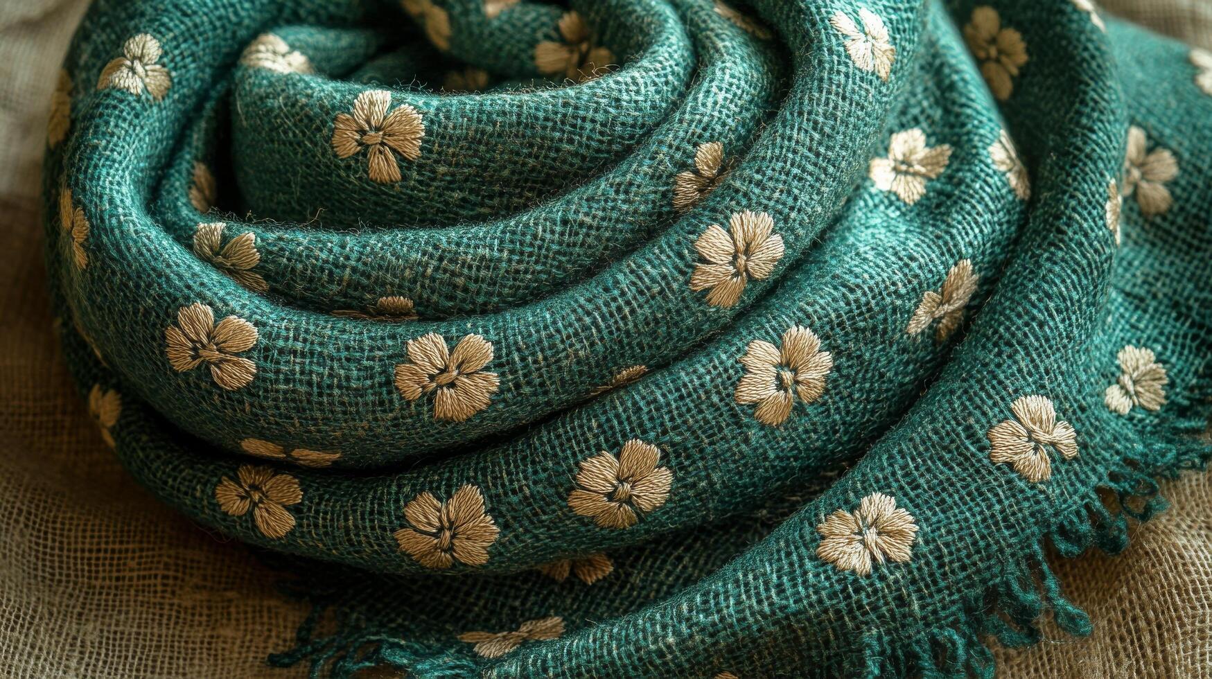 A green scarf with white flowers on it photo
