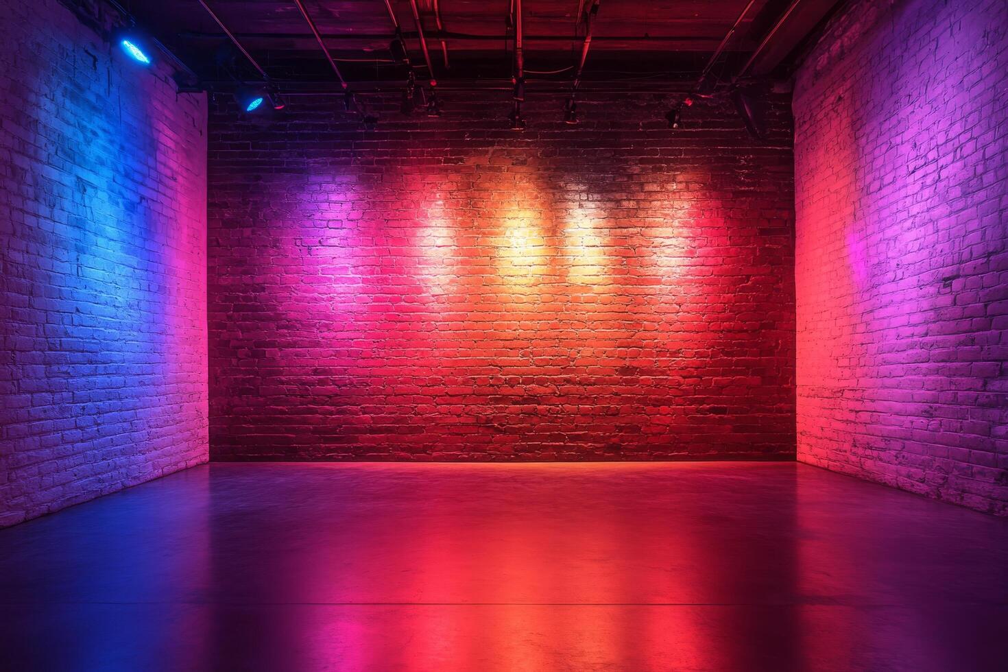 A room with colorful lights and brick walls photo
