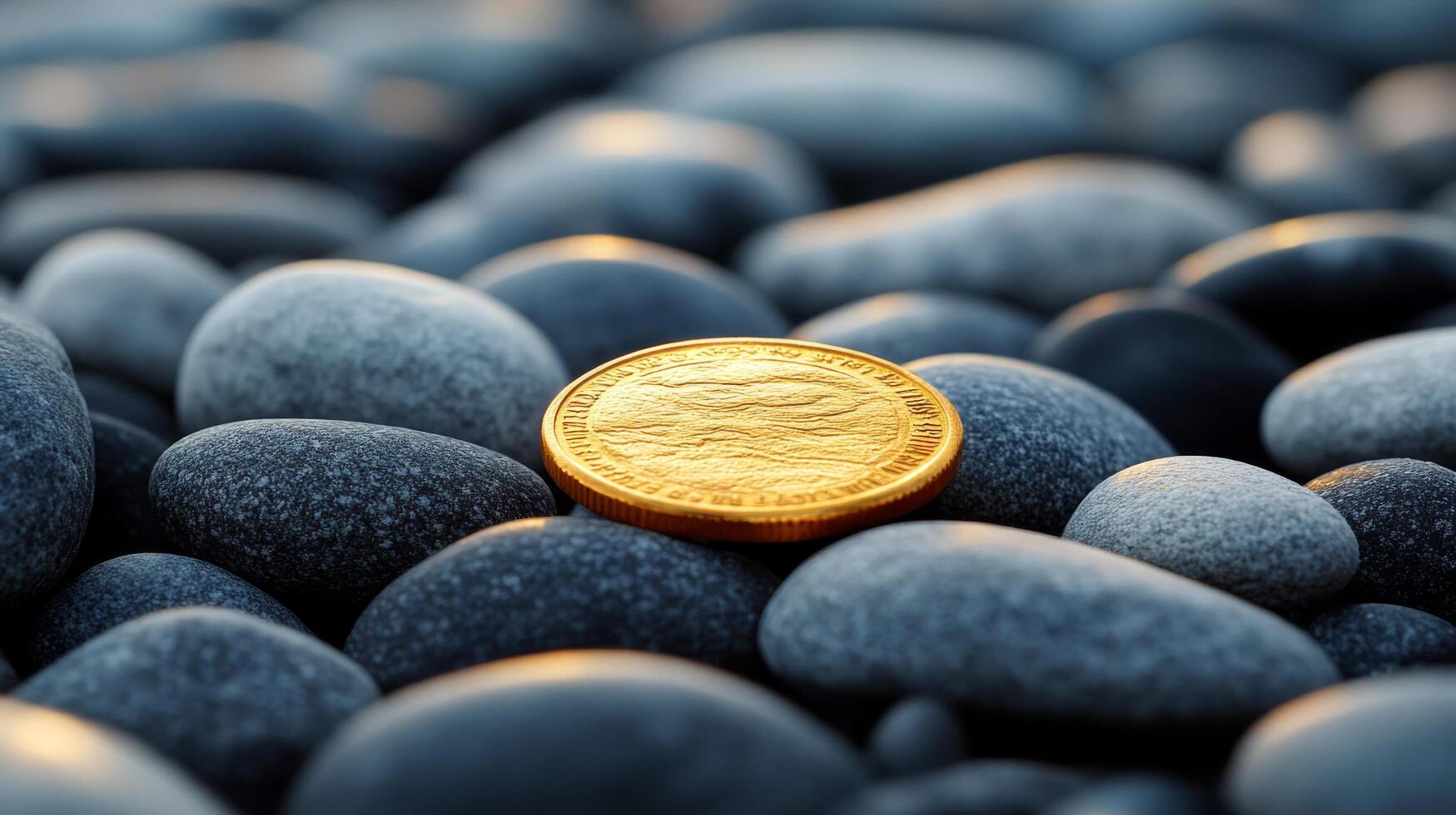 A golden coin sitting on top of a pile of rocks photo