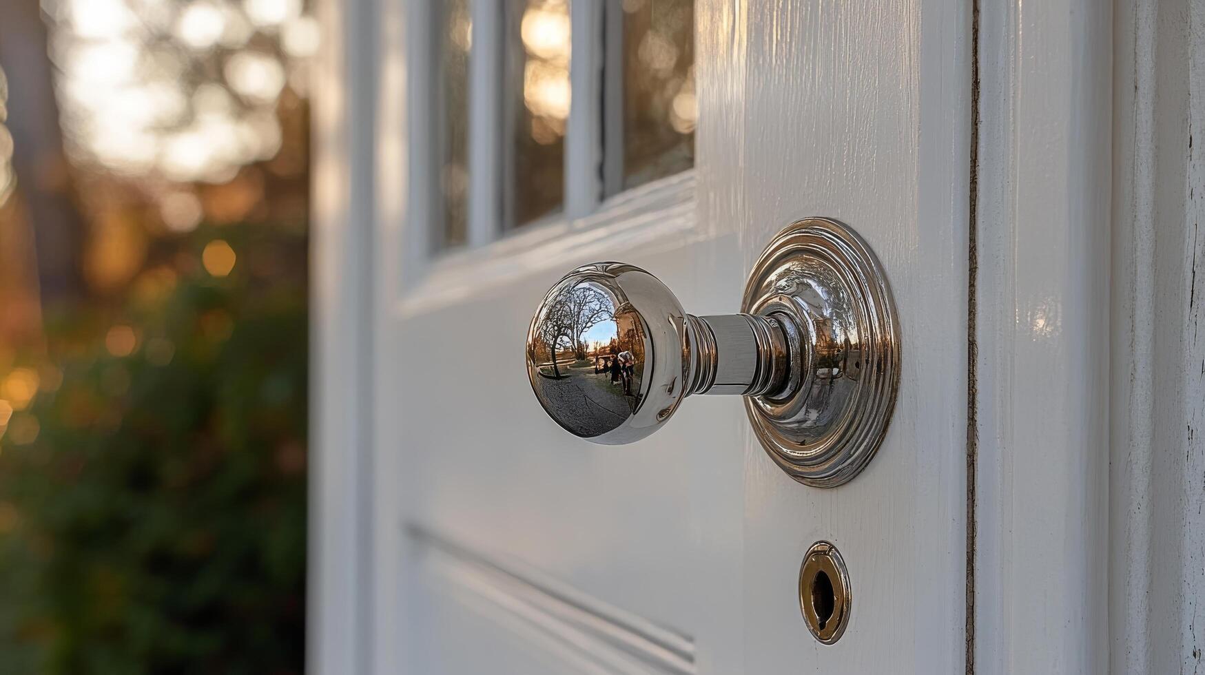 A close up of a door handle on a white door photo