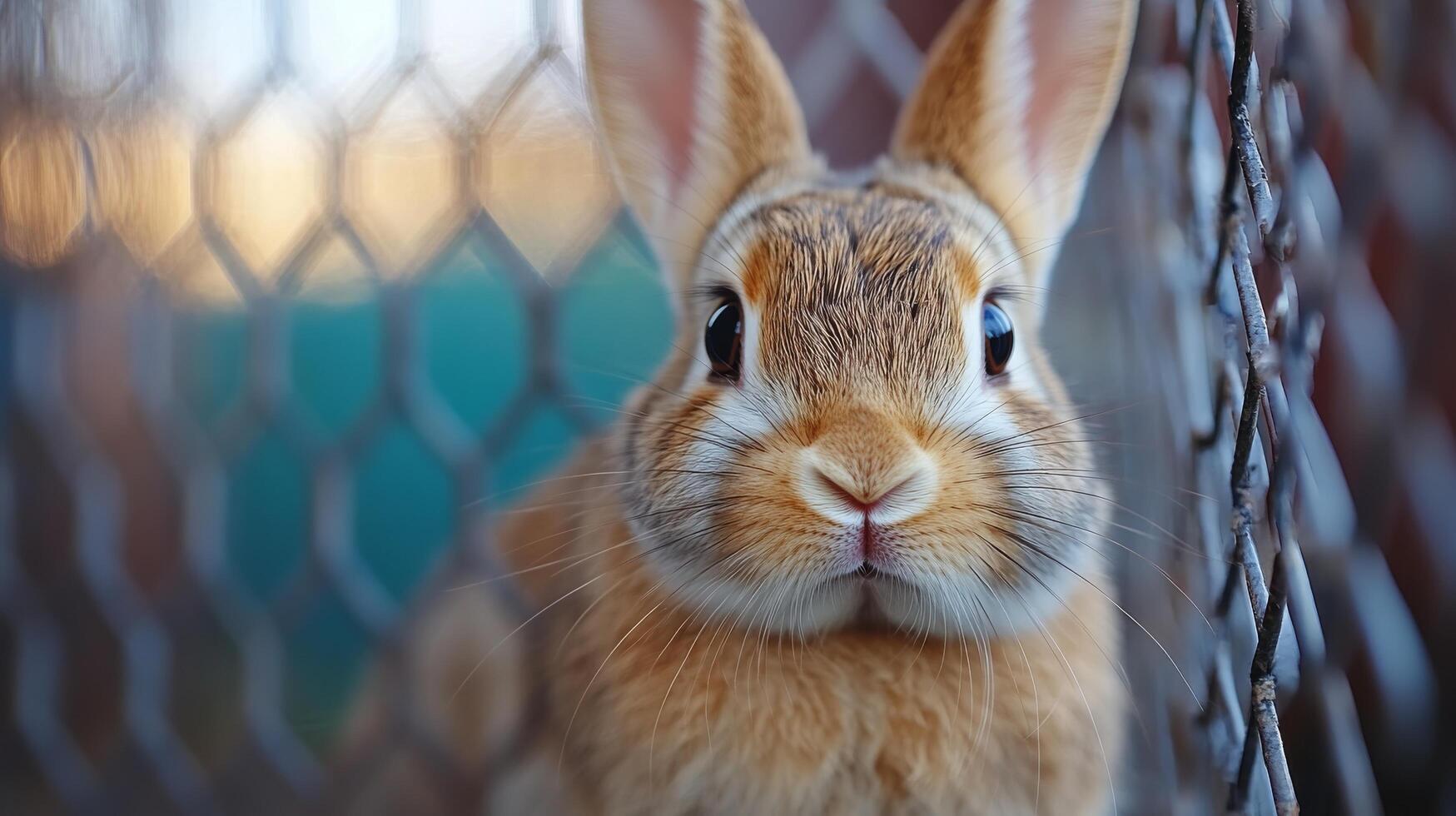 A rabbit is looking through a chain link fence photo
