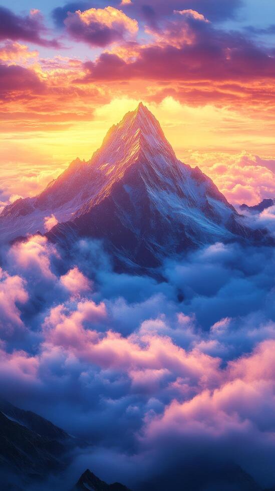 A mountain is seen in the clouds at sunset photo