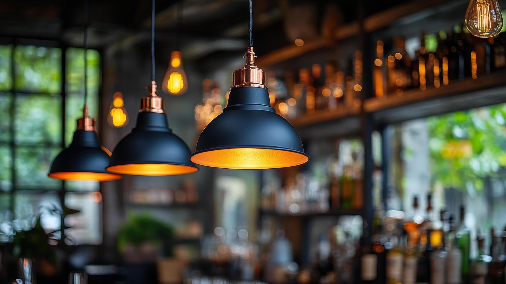 Three black and gold pendant lights hang from the ceiling photo