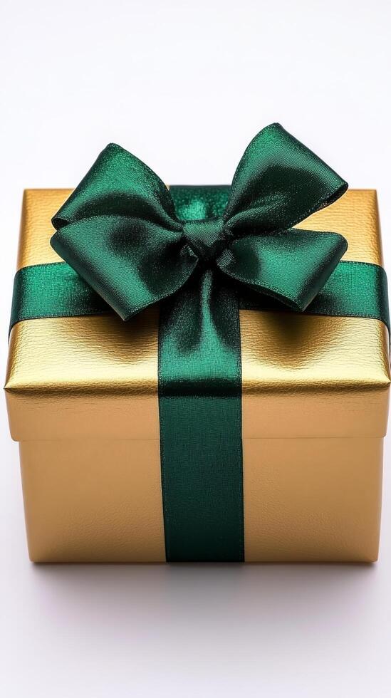 Gift box wrapped in gold with a dark green ribbon and bow on a light surface photo