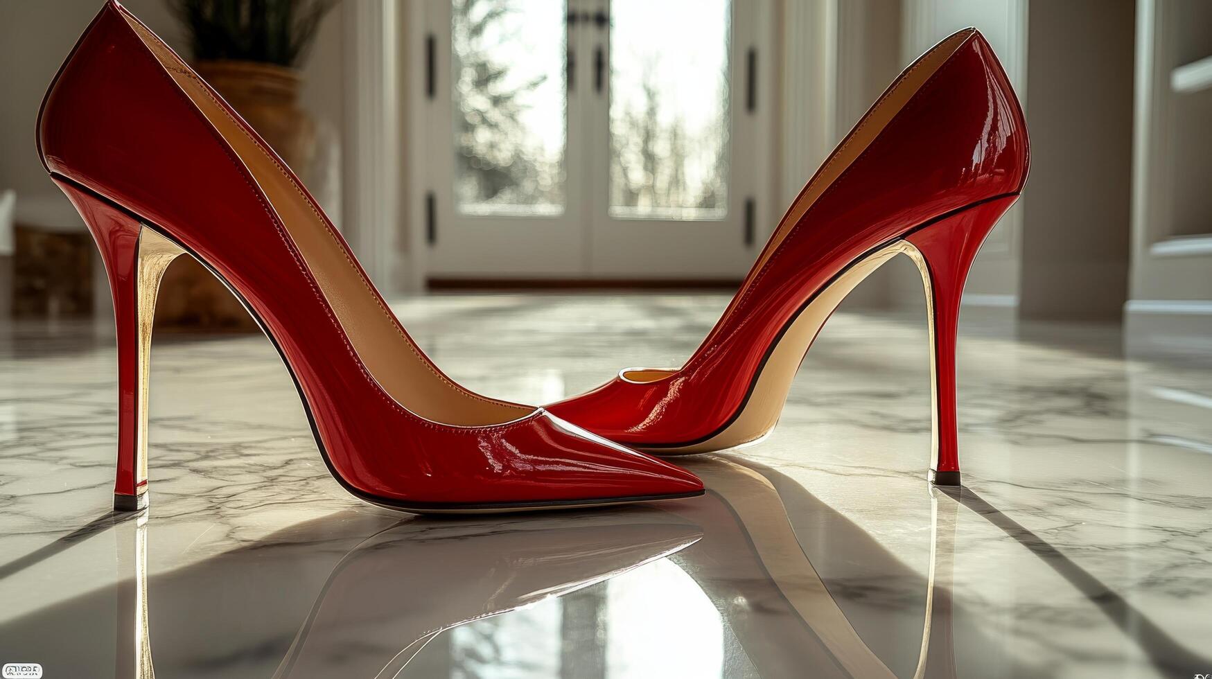 A pair of red high heels on a marble floor photo